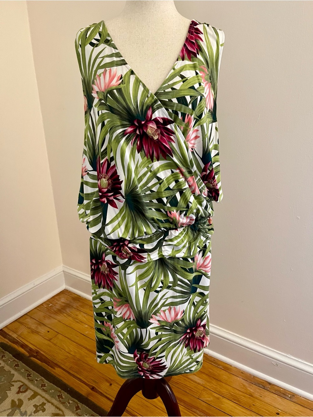 Tommy Bahama Tropical Floral Faux Wrap Blouson Dress Large Resort